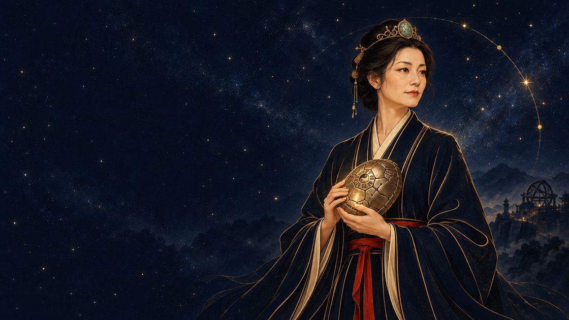 掌卦女吏抱著銅龜，站在星空下