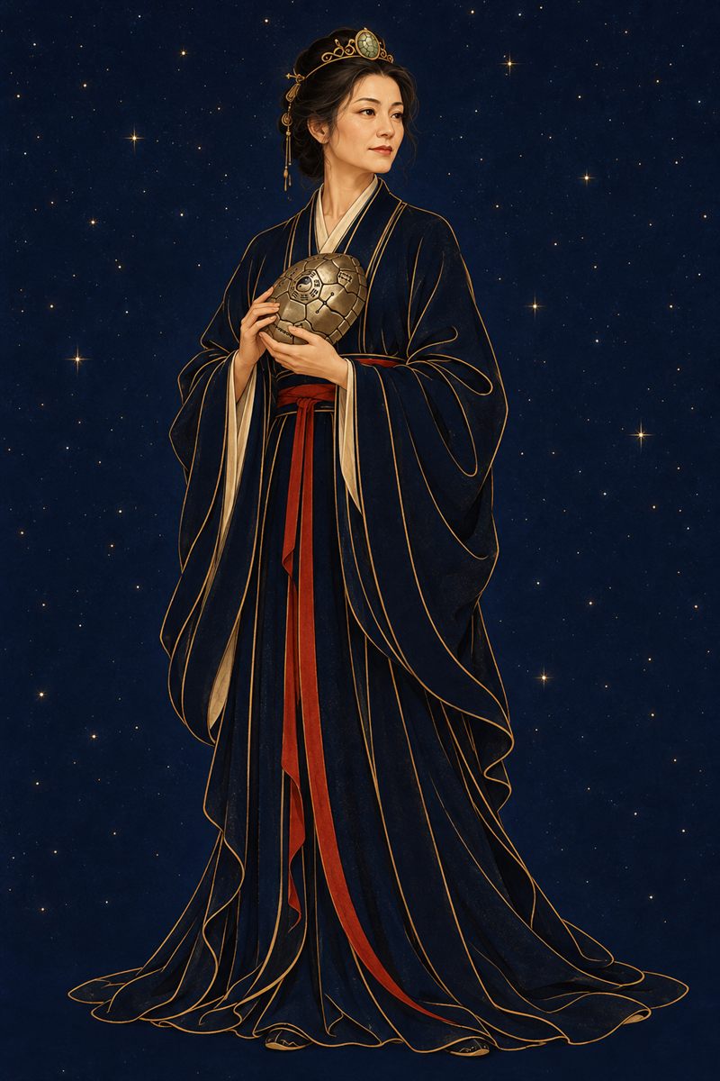 掌卦女吏全身定裝照：身穿深藍官服，懷抱銅龜，立於星空下
